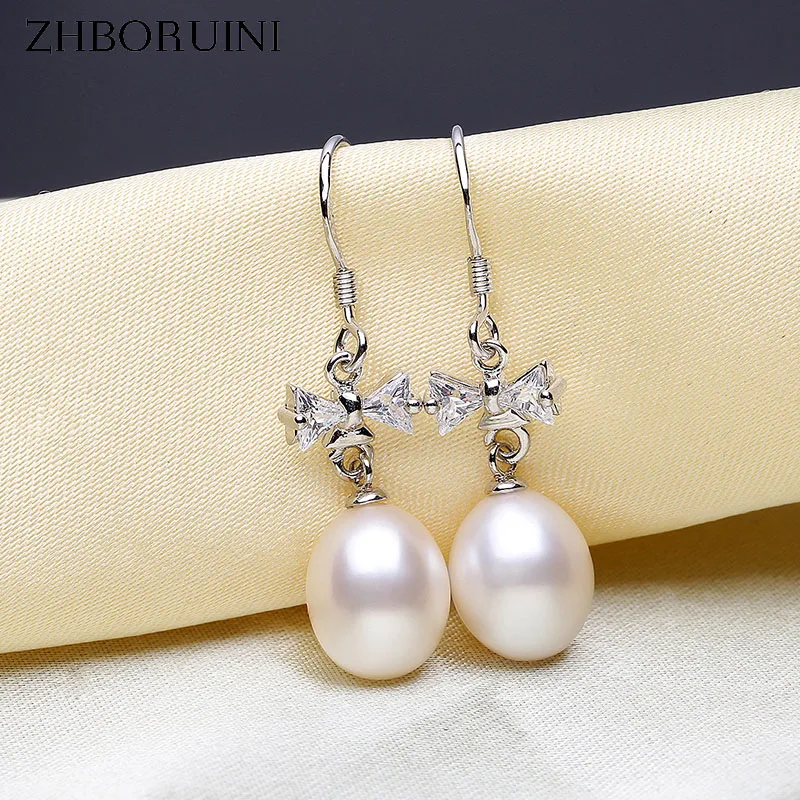 

ZHBORUINI 2019 Fashion Pearl Earrings Natural Freshwater Pearl Bow Dorp Earring 925 Sterling Silver Pearl Jewelry For women Gift