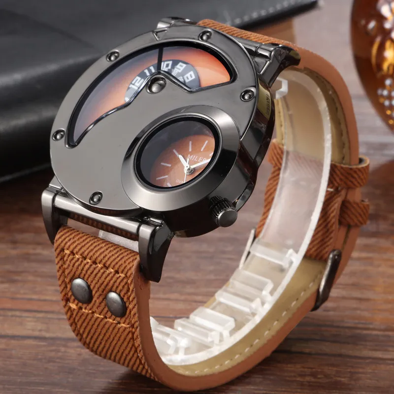 

Unique Big Dial Men Watch 2 Time Zones Analog Quartz Wristwatch Mens Leather Sport Military Wrist Watches Relogio Masculino
