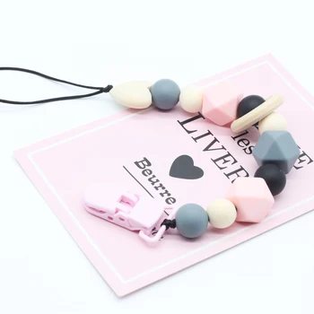 

Silicone and Wood Pacifier Clip Wooden Bead Dummy Clip Holder Cute Pacifier Clips Soother Chains baby Teething Toy for Baby Chew