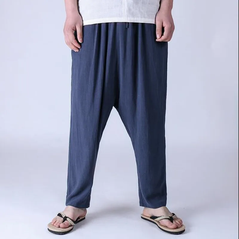

2019 Casual Loose Drawstring Feet Retro Chinese style Linen Mens Hip Hop Pants Drop Crotch Pants Men Haren Pants M-4XL 5XL 6XL