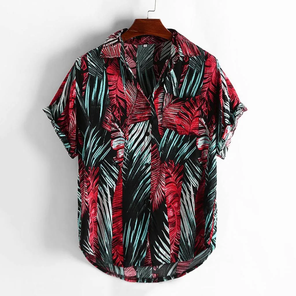 Fashsiualy Mens Printed Hawaiian Loose Beachwear Short Sleeve Casual Buttons Shirt camisa masculina