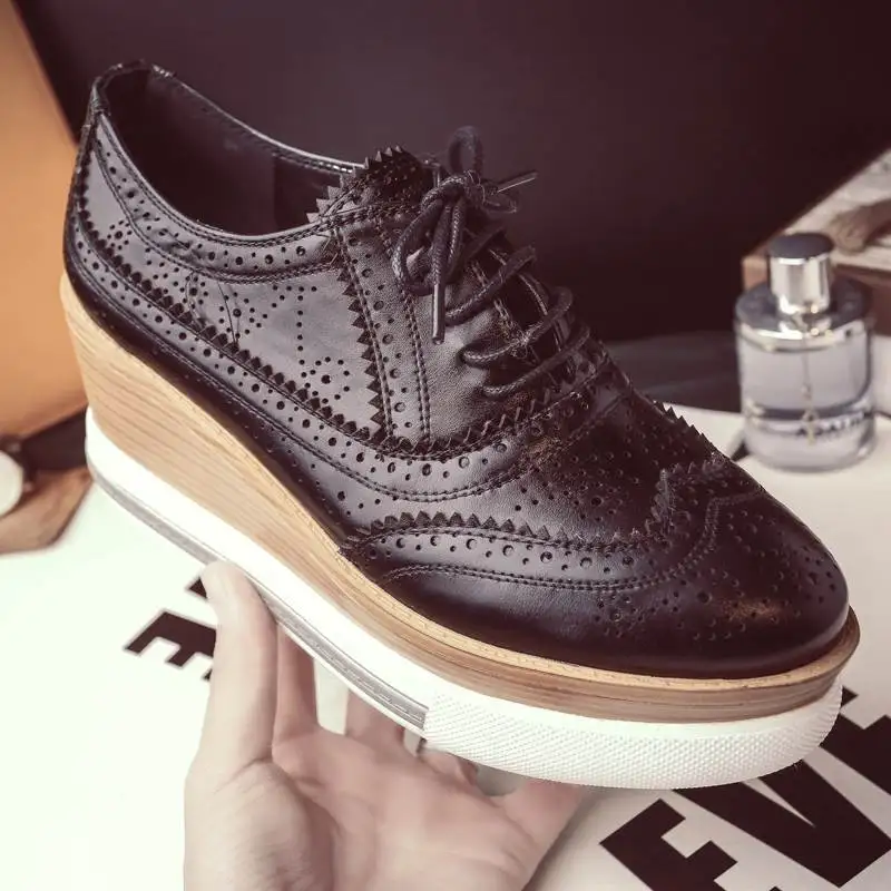 

Krazing Pot new hollow pu leather high heels waterproof round toe plus size lace up cave women wedges Oxford vulcanized shoes 72
