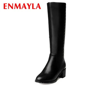 

ENMAYLA Women Motorcycle Boots Med Heels Back Zipper Knight Boots Women Winter Shoes Women Knee High Boots Black Size 34-42