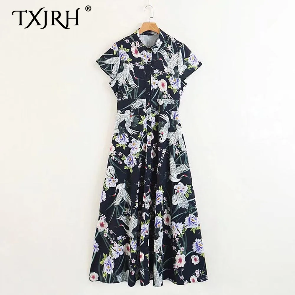 TXJRH Vintage Ethnic Crane font b Floral b font font b Print b font Turn down