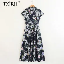 TXJRH Vintage Ethnic Crane Floral Print Turn-down Collar Pleated Dress Sexy Women Short Sleeve Long A-Line Swing Dress Vestidos