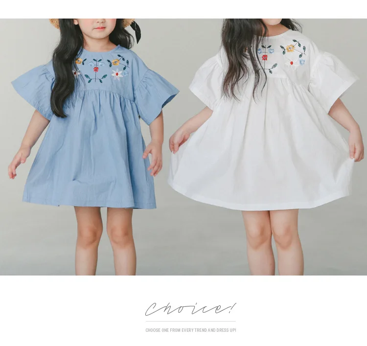 cotton embroidery girls summer dress flare sleeves princess summer girl dresses solid white blue kids clothing  4 5 6 7 8 9 10 11 12 13 14  years old little big teenage girls summer dress cotton  (4)