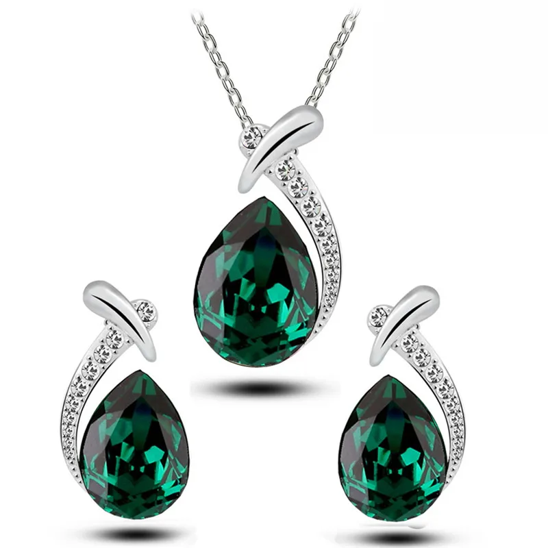 Обручальные кольца для женщин на день рождения, модные свадебные серьги с австрийскими кристаллами и подвеской в виде рыбьей кости, серьги, ювелирные наборы 85307 - Окраска металла: emerald green