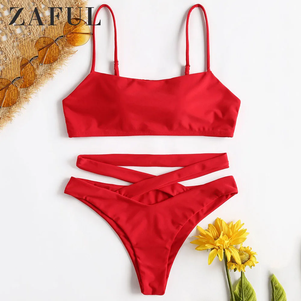 

ZAFUL Bikini Women Criss Cross Cami Bikini Elastic Low Waisted Swim Suit Spaghetti Straps Padded Solid Lace Vintage Swimwear
