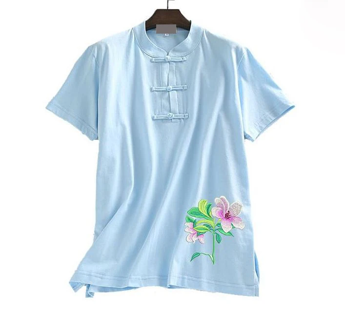 Летняя хлопковая футболка унисекс с короткими рукавами и вышивкой лилии; тайцзицюань; одежда для боевых искусств кунг-фу; Костюм тайцзи; Униформа ушу - Цвет: light blue