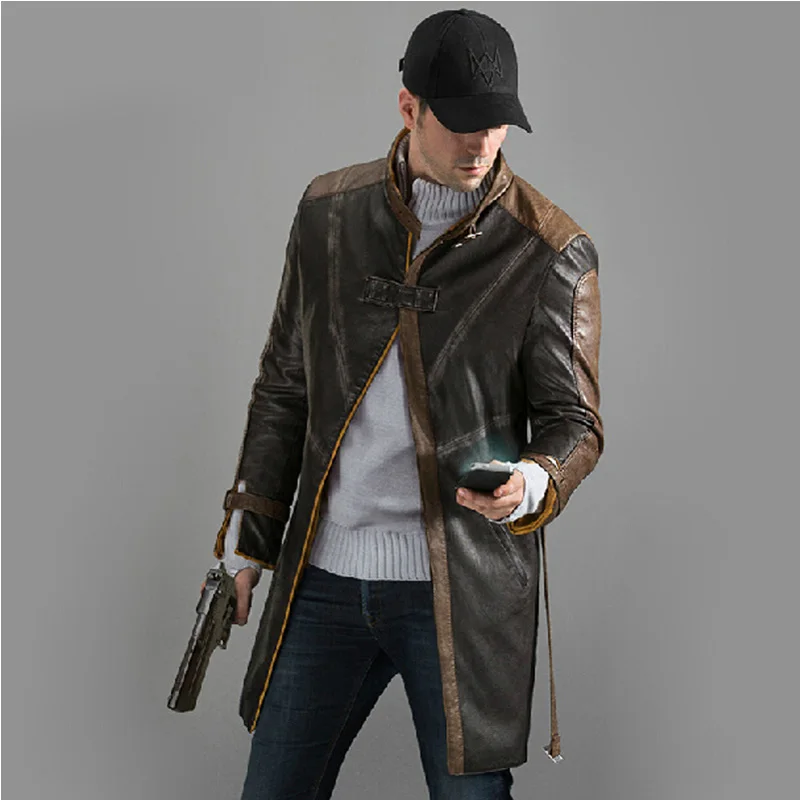 Новые часы собаки плащ игры Aiden Pearce Eden Pierce косплей костюм куртка пальто мода Мужчины искусственная кожа Тренч Шляпа Маска