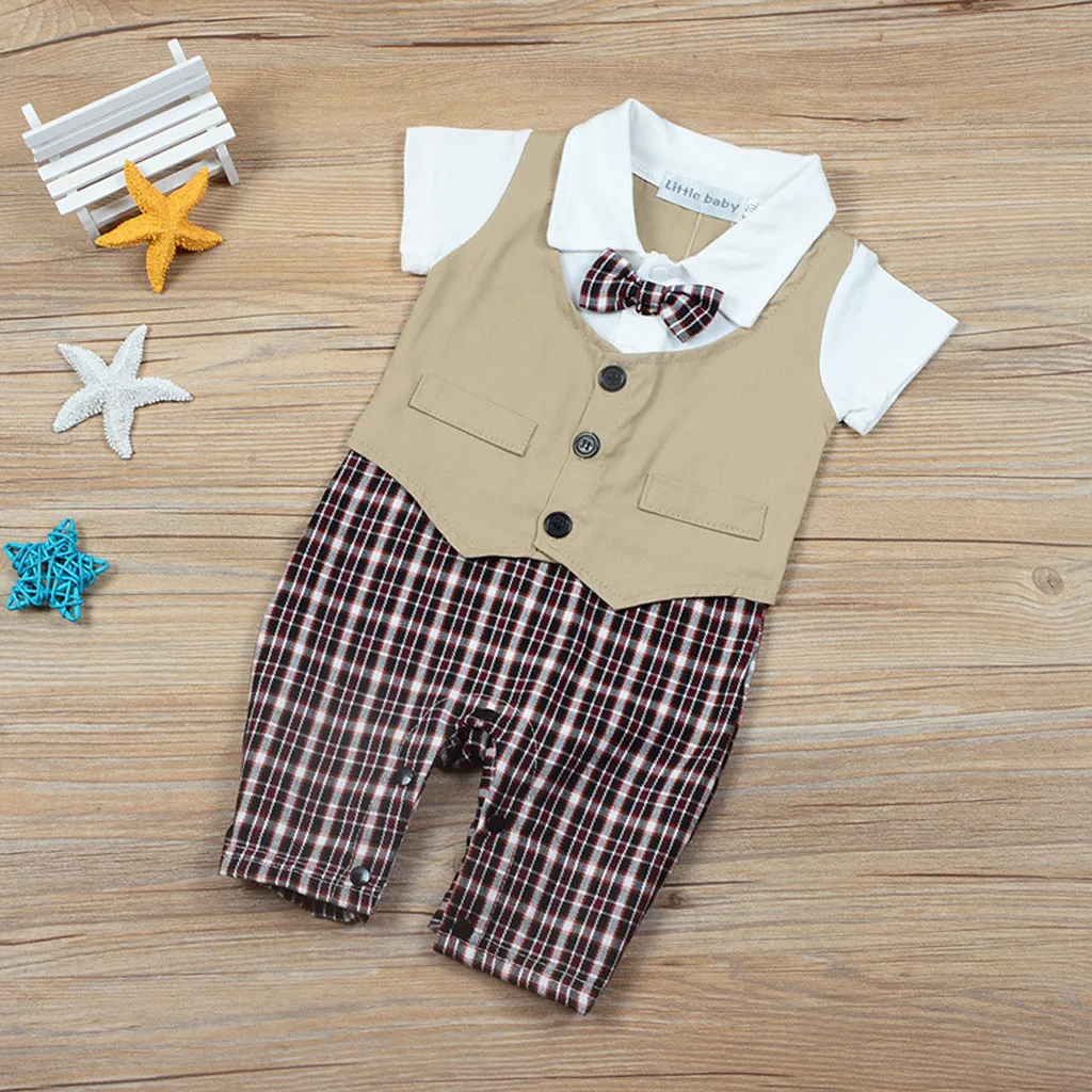 Newborn Infant Boy Sets Summer 2019 Formal Gentlemen Tie Romper Jumpsuit Plaid Clothes baby kleding boys ubranka dla niemowlat |