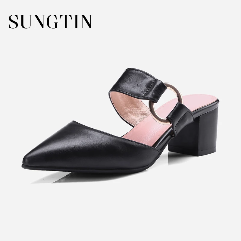 

Sungtin Casual Buckle Chunky Heels Slippers Women Mules Summer Black White Shoes Lady Sexy Pointed Toe Slides Big size