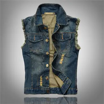 

Denim Vest Men Sleeveless Jacket New Spring Autumn Washed Jeans Vintage Waistcoat Outwear Male Ripped Vest Jacket Plus Size 6XL
