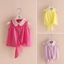 2016 Summer Female Lace Turn-Down Collar Baby Child Girl Sleeveless Soild Colour Shirt
