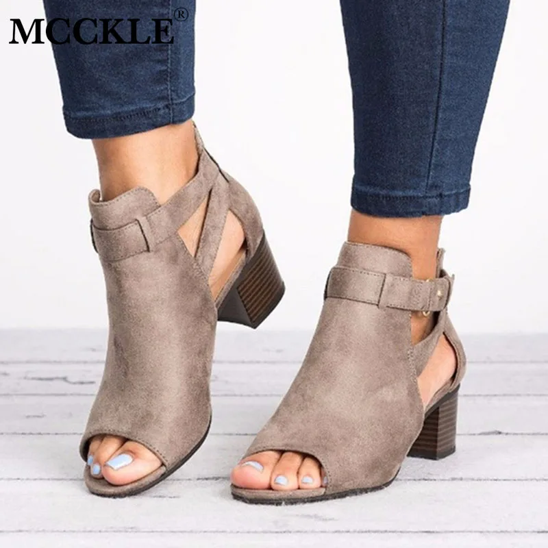 

MCCKLE Woman Peep Toe Sandals High Heel Shoes Fashion Ankle Buckle Strap Female Wedges Pumps Gladiator Ladies Solid Plus Size