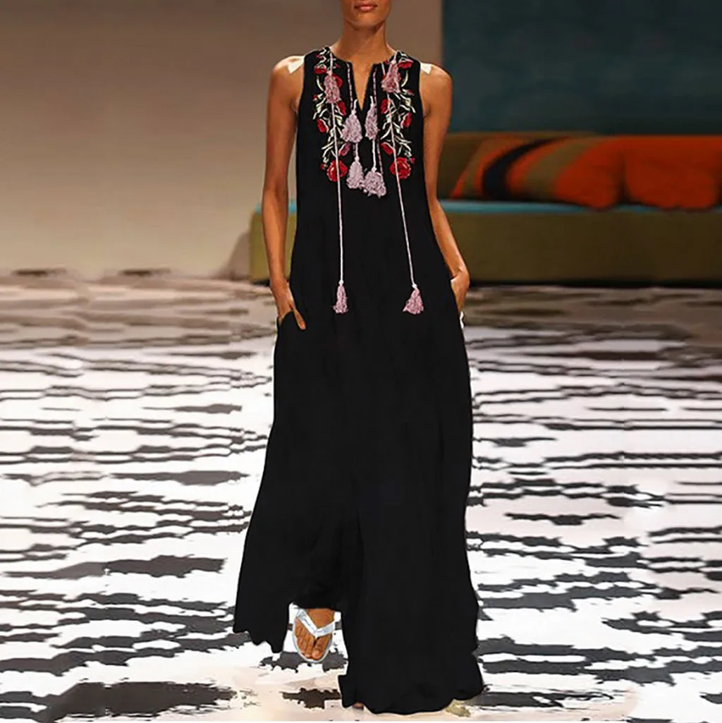 

Long Dress Women Boho Vintage Floral Embroidery Sleeveless Black Maxi Dress Casual Daily Summer Loose Plus Size Dress Vestidos