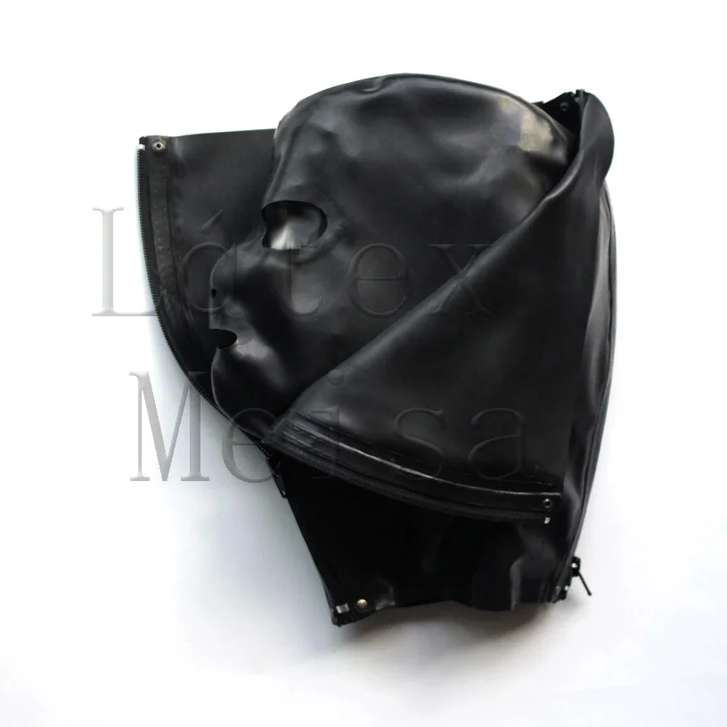 

Unisex Latex hoods rubber masks open eyes nostrils and mouth attached front and back zippers in black color