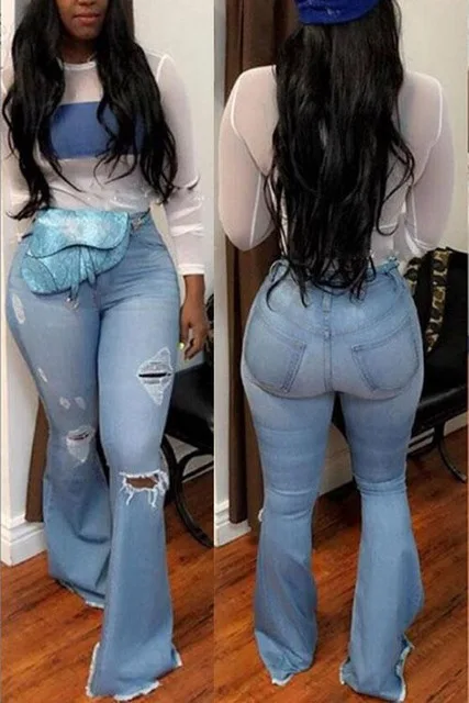 Light Blue Новинка, высокая талия, расклешенные джинсы, черные, клеш, рваные, женские джинсы для женщин, деним, обтягивающие джинсы, для мам, широкие штаны размера плюс - Цвет: Light Blue