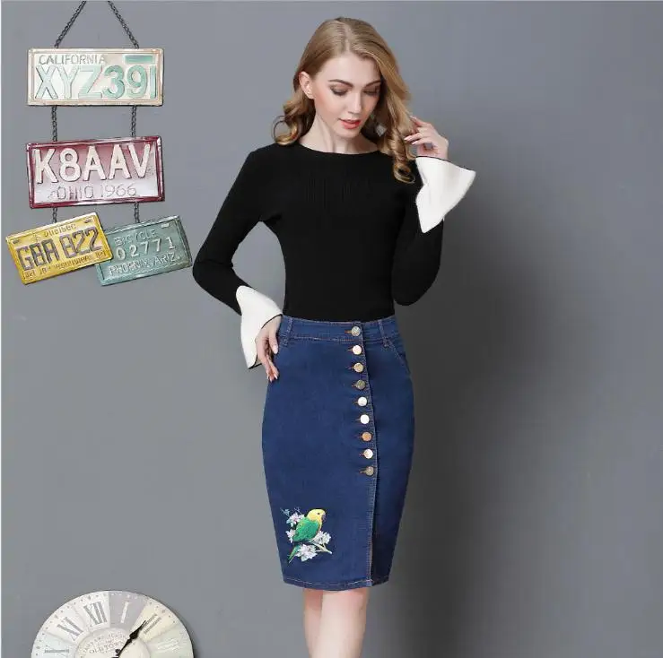 Новые S-6Xl Цветочные Джинсовая юбка с вышивкой Женские джинсы карандаш юбка с высокой талией разрез длиной до колена плюс размер Кнопка юбка