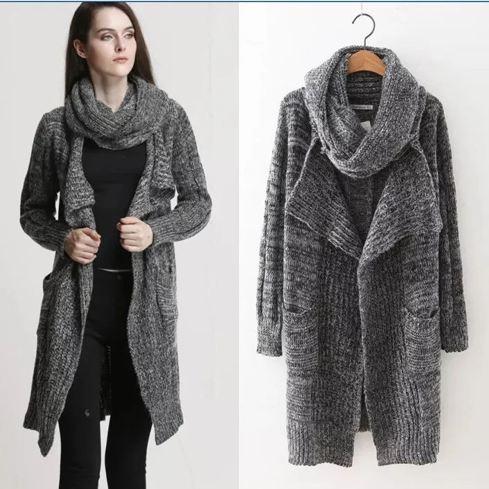 2019 Scarf Collar Pockets Long Cardigans Women Sweaters Ladies Loose Knitted Sweater Spring Cardigan Female Tricot Knitwear |