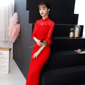

2018 Spring Long Cheongsam Novelty Chinese style Dress Womens Lace Qipao Slim Party Dresses Lady Button Vestido Size S-XXL