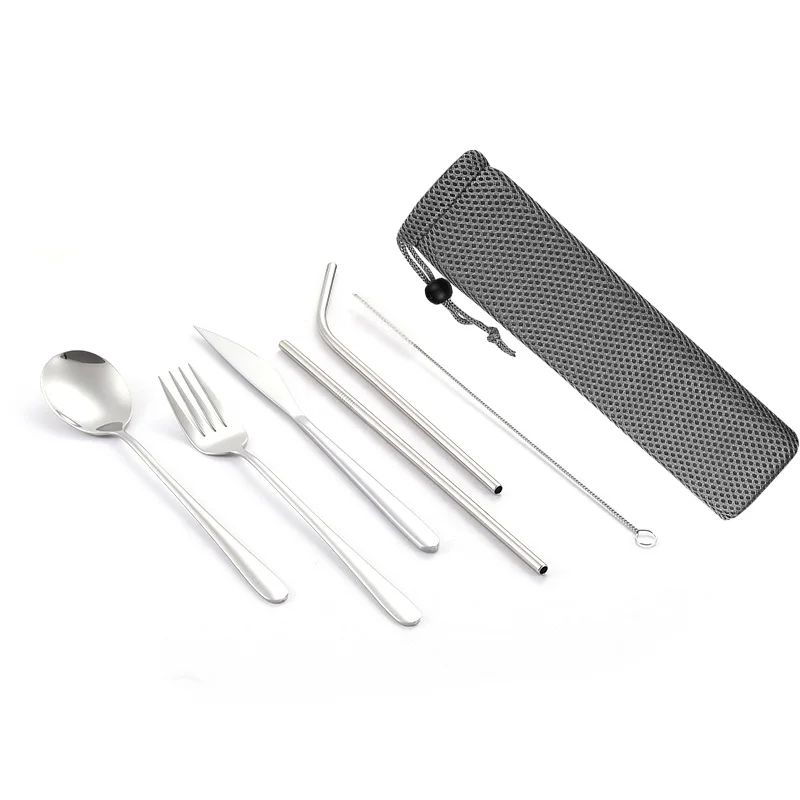 Набор посуды для путешествий, кемпинга, набор столовых приборов, многоразовая посуда из серебра, металлическая соломинка, ложка, вилка, палочки для еды и портативный чехол - Цвет: Cutlery Set M