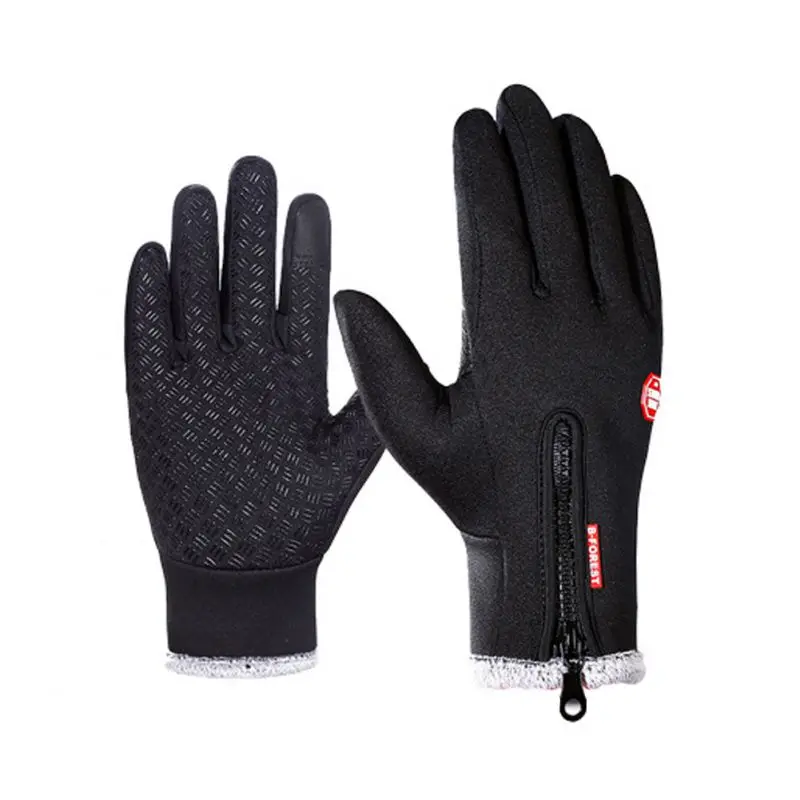 Уличные зимние ветрозащитные теплые перчатки на молнии с сенсорным экраном, зимний Противоскользящий Велоспорт Лыжный спорт перчатки - Цвет: Черный