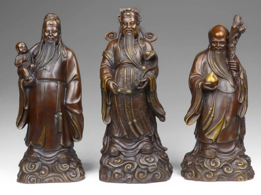 

China Buddhism Red Copper Fengshui 3 Longevity God Fu Lu Shou Buddha Statue Set