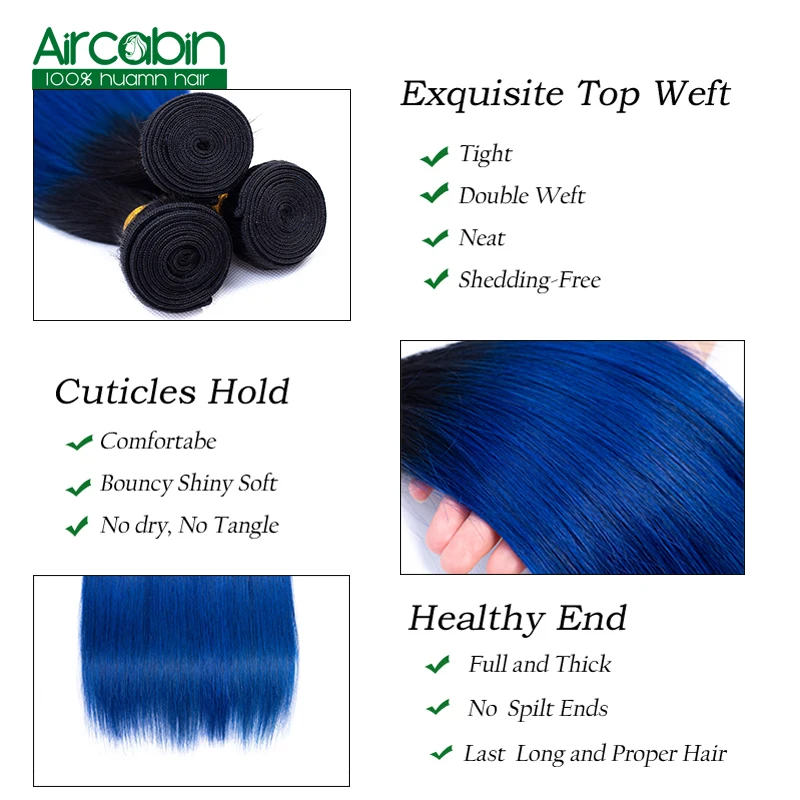 Ombre Bundles Aircabin 1B/ Blue Two Tone 100% Human Hair Brazilian Straight Hair 4 Bundles Non Remy Extensions
