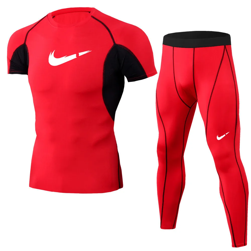 2019 Newest Brand clothing Fitness Compression Sets T Shirt Men Printed Crossfit Muscle Shirt Leggings Base Layer Tight Tops