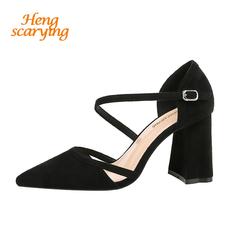 

HENGSCARYING 2018 Women Summer 8cm Block High Heels Sandals Lady Flock Yellow Pointed Toe Pumps Female Footwear Squared Sandals