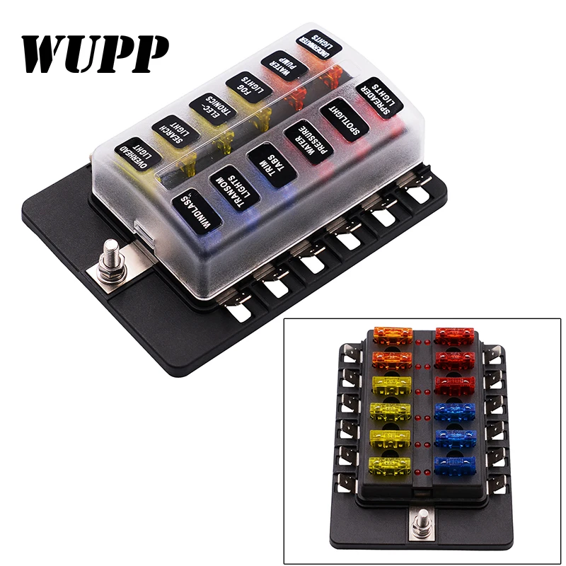 

12 Way Blade Fuse Box Holder with LED Warning Light Kit for Car Boat Marine Trike 12V 24V CS-579B4