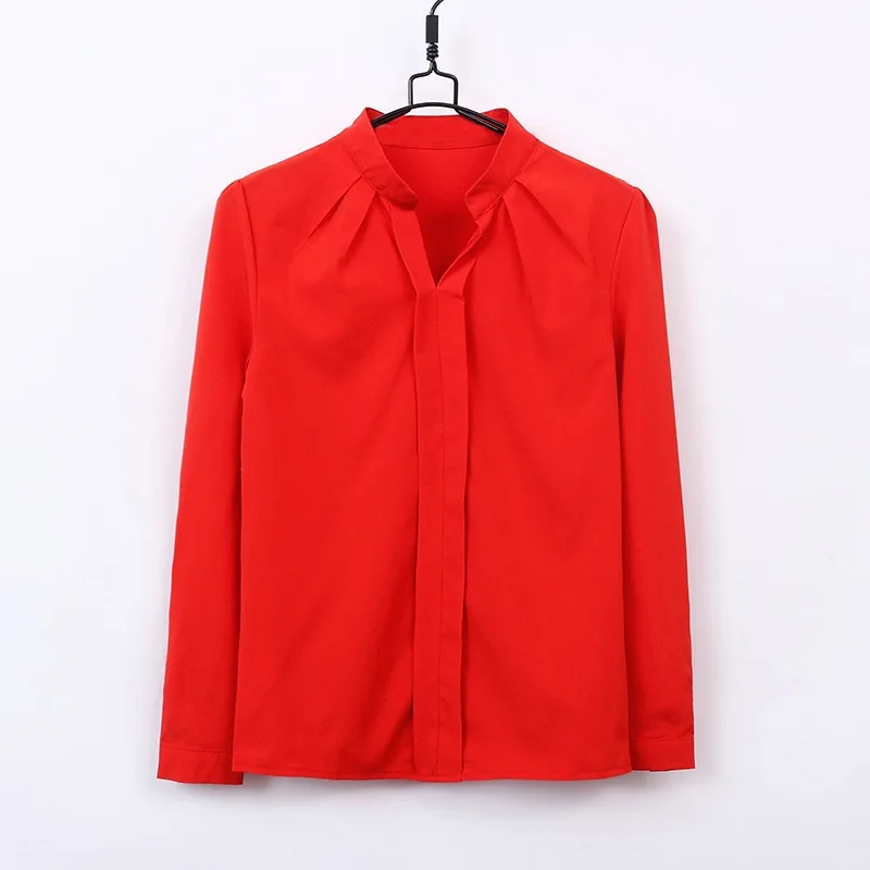 Women Sexy Shirts V-Neckline Chiffon Blouses Ladies Long Sleeve Pleated Camisa Elegant Plus Size Stylish Office Blouse off the shoulder shirts & tops