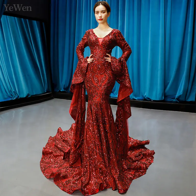 

Red Luxury Vestidos De Fiesta De Noche 2020 Evening Dress Sexy V-neck Evening Dresses Long Elegant Formal Mermaid Gown YM20250