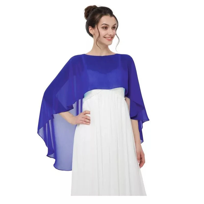 

2019 Royal Blue Chiffon Summer Wedding Bridal Women Wrap Shawl Front Short Long Back Cape Bridal Jacket