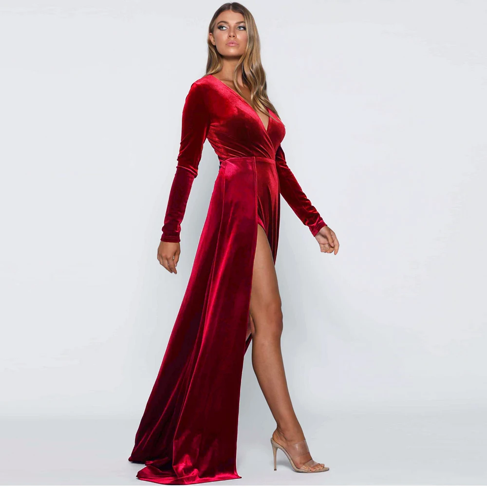 Merah Marun Beludru Deep V Leher Maxi 