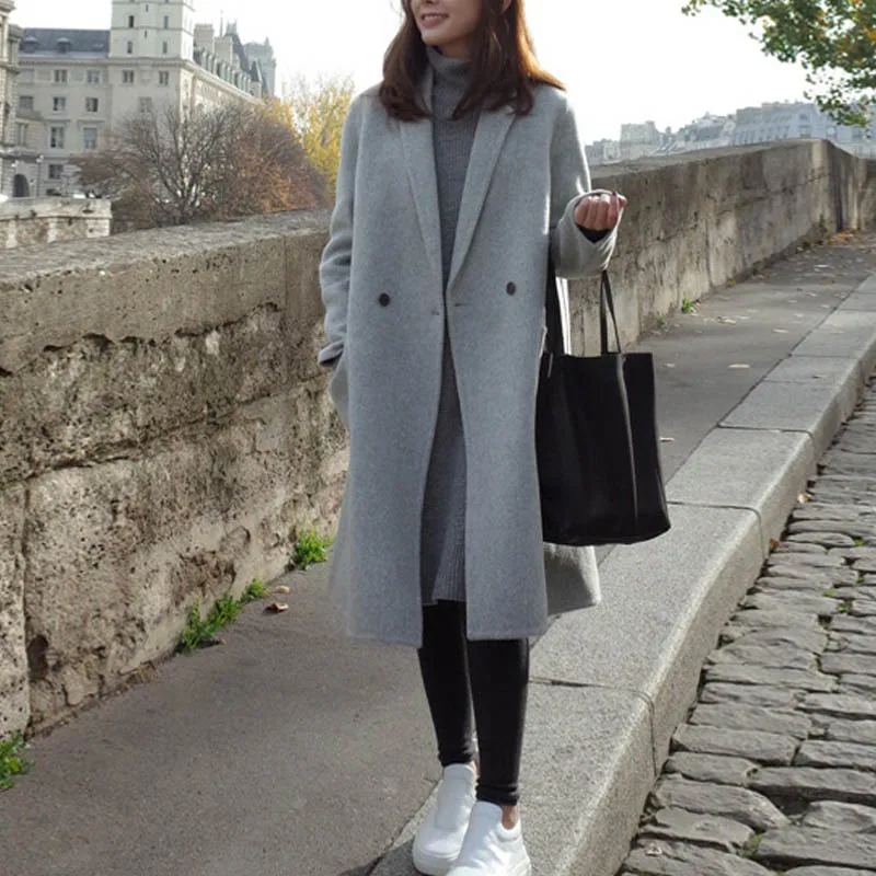 

2019 Winter Women Turn-Down Collar Long Sleeve Warm Wool Blends Coat Pockets Button Solid Work Long Jackets Outwear Plus Size