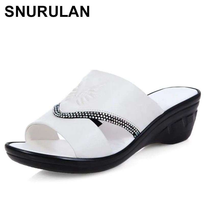 

SNURULAN Concise Women Real Genuine Leather Wedges Sandals Beading Print Open Toe Wedges Slipper Summer Shoes Women Size E570