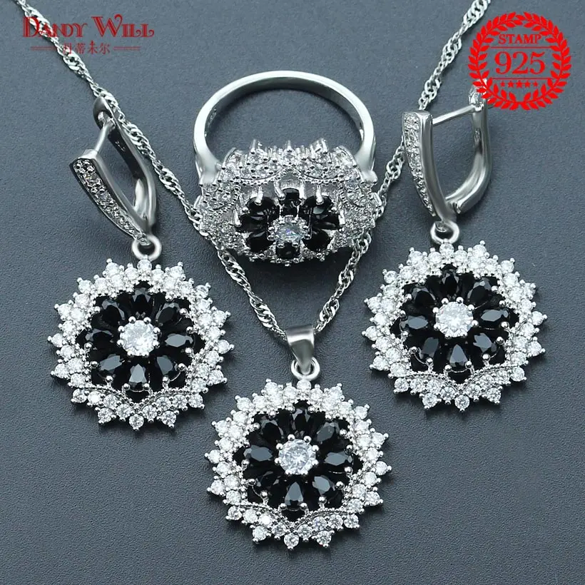 

Black Zircon Jewelry Fashion Women Necklace Earrings Ring Sets 925 Sterling Silver Jewelry Sets For Women
