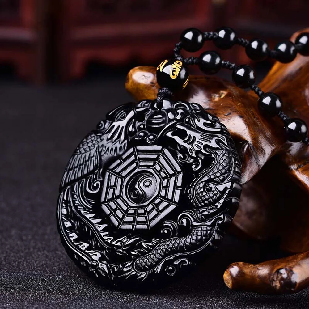 Прямая доставка натуральный черный обсидиан резная подвеска ручной работы дракон феникс Taiji bagua Цепочки и ожерелья для Для мужчин Для