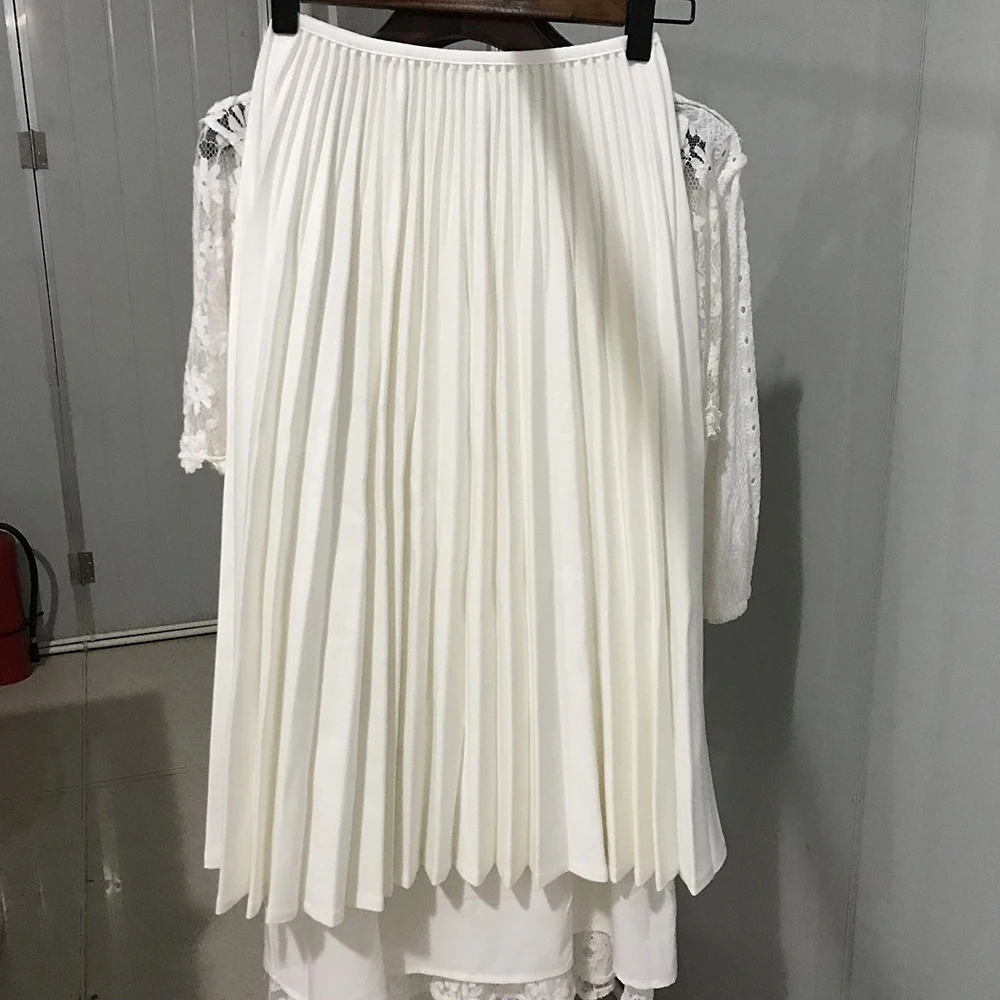 2020 Spring Women Elegant Pleated Skirt High Waist Women White Long Skirt Female Ladies High Quality Women Midi Skirt Black Saia