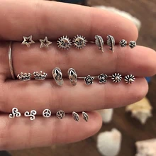 11 пар/лот, уникальный дизайн, винтажный Маленький Комплект сережек для женщин, Панк розовая Корона, солнце, звезды, перо, геометрическое животное, ухо Aros