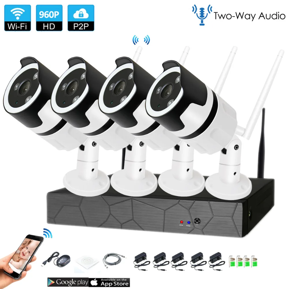 

4CH two way audio talK HD Wireless NVR Kit P2P 960P Indoor Outdoor IR Night Vision Security 1.3MP IP Camera WIFI CCTV System