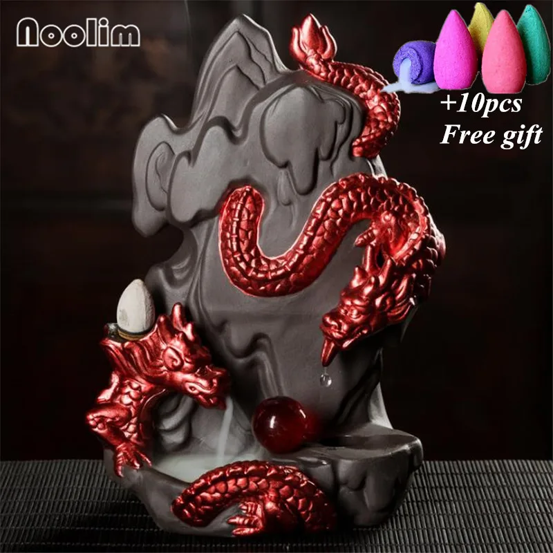 New Gold Dragon Backflow Incense Burner With Crystal Ball Home Office Decor Ornament Aromatherapy Censer Holder+10Pcs Free Cones - Цвет: Color 2-10pcs Mixed