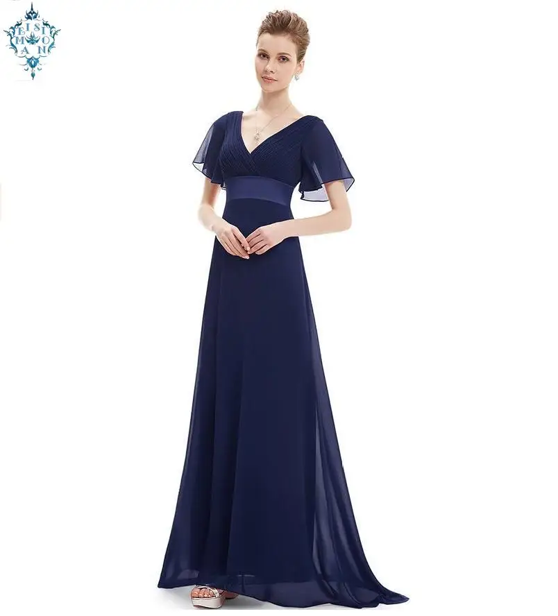 

Ameision Evening Dresses Padded Trailing Flutter Sleeve deep V neck Women Long Gown 2019 Chiffon Summer Special Occasion Dress