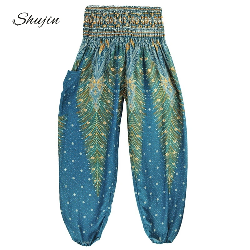 

SHUJIN Wide Leg Boho Pliate Pants Elastic Wiast Women Pant Loose Fitness Enthic Print Pant Chiffon Trouser Vintage Sports Pant