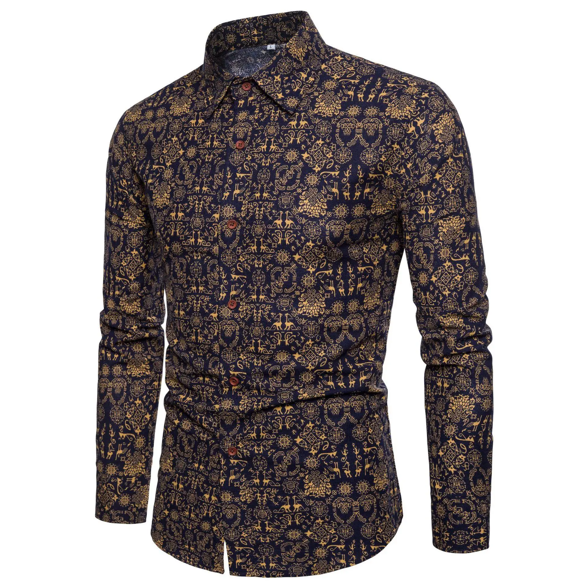 

Hawaiian Shirt Men Ethnic style Long sleeve Flower Shirt Men's clothing Floral Blouse Male Summer New