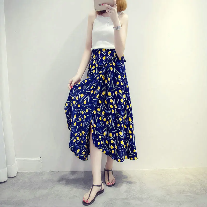 Floral Print Flowing Women Summer Skirt Ankle Length Floral Chiffon A