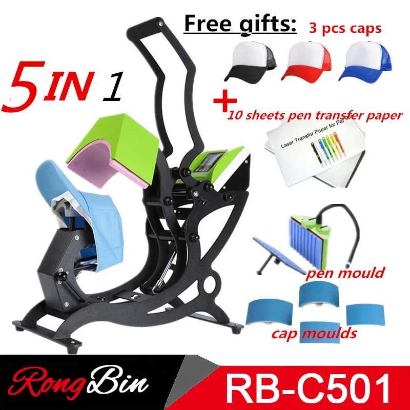 

5 in 1 Cap Pen Heat Press Machine Sublimation Printer Digital Swing Away Heat Transfer Cap Pen Printing Machine