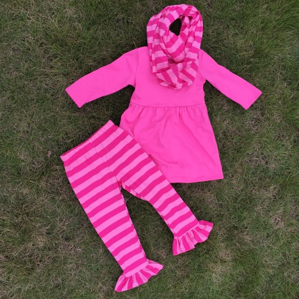 

hot sell Winter kids OUTFITS 3 pieces scarf pant sets girls derss boutique clothes kids hot pink top sets